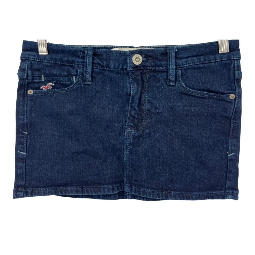 Hollister Women Dark Denim Jean Mini Skirt W25 Raw Hem Stretch Cotton Size 1 - Picture 2 of 7